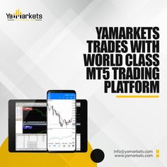 a tablet and phone sitting next to each other on top of a yellow table with the words yamaha markets trades with world class mt5 trading platform