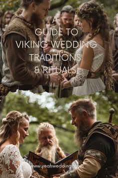 a man and woman dressed in medieval clothing with text overlay that reads a guide to viking wedding traditions 8 rituals