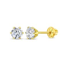 For your daughters first studs, you cant go wrong with these 14k yellow gold simulated diamond birthstone earrings. The prong style allows the clear CZ stone to shine brightly all day and night. These gold earrings for baby girls have screw back fasteners that keep them on your childs ears no matter how playtime gets. These earrings are suitable for your child's sensitive ears so you dont have to worry about the posts irritating your toddlers lobes. This delightful pair of earrings comes package Toddler Earrings, Baby Earrings, Diamond Birthstone, Birthstone Earrings, Gold Jewelry Earrings, Birthstone Earring, Screw Back Earrings, Sensitive Ears, Cz Stone