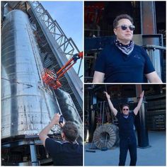 a man standing in front of a large metal structure with his arms up and hands raised