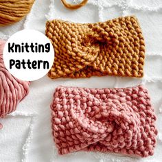 three knitted headbands with the words knitting pattern on top and below them