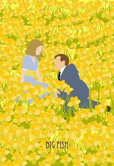 a man and woman are sitting in the middle of a field of yellow flowers with words big fish on it