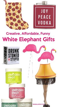 an advertisement for white elephant gifts with pink flamingos