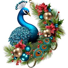 a peacock decorated with christmas decorations and balls