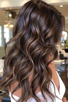 Brunette Balayage Hair On Dark Hair, Dark Balayage On Brown Hair, Highlights For The Fall, Balayage Long Dark Brown Hair, Highlight Ideas For Light Brown Hair, Honey Brown Balayage With Money Piece, Color Ideas For Dark Brown Hair, Soft Caramel Balayage On Dark Hair, Latte Highlights On Dark Hair