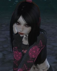 an animated image of a woman with black hair and piercings on her arm, in the water