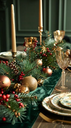 a christmas table setting with candles and ornaments