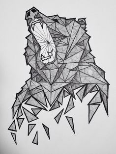 a black and white drawing of a lion's head with many triangles around it