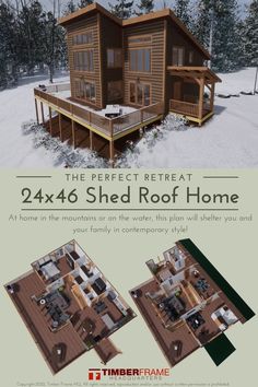 an image of a house in the snow with text that reads 24x40 shed roof home