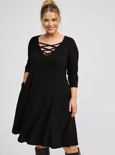 Mini Waffle Long Sleeve Lace Up Neck Fit N Flare DressMini Waffle Long Sleeve Lace Up Neck Fit N Flare Dress, DEEP BLACK Waffle Long Sleeve, Dress Images, Torrid Dresses, Deep Black, Fit N Flare Dress, Girls Night Out, Waffle Knit, Long Sleeve Lace, Flare Dress