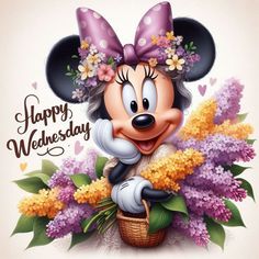 a cartoon character holding a basket with flowers on it's head and the words happy wednesday