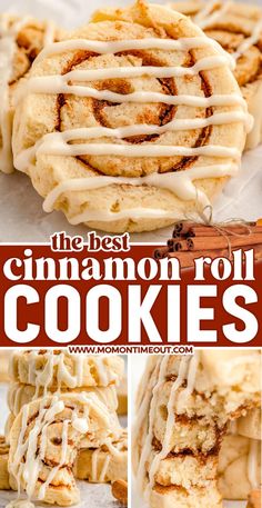 cinnamon roll cookies with icing on top and the words, the best cinnamon roll cookies