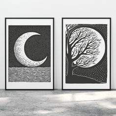 two black and white art prints hanging on the wall