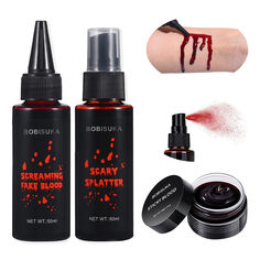 PRICES MAY VARY. ✔Halloween Realistic Fake Blood: 3 products you will get! STICKY BLOOD with a viscous syrup-like texture, doesn't flow or dry. SCREAMING FAKE BLOOD is bright blood red that is fluid and realistic, but dries slowly. SCARY SPLATTER, thin texture press the nozzle to create a blood splatter effect ✔Safe Ingredients: Our oil-based fake blood formula splatters like real blood, use high quality non-irritating material, no harm to the skin, ultra-realistic. Can be sprayed on body face, Vampire Monster, Blood Makeup, Dripping Blood, Sfx Makeup, Makeup Kit, Zombie, Halloween Costumes, Spray