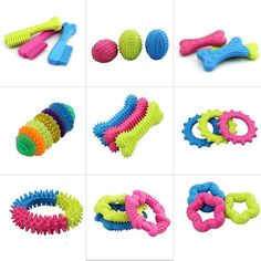 several different types of dog toys on a white background