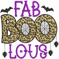 the word boo is decorated in leopard print with bats and spider webs on it