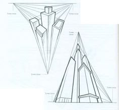 two drawings of different shapes and sizes of buildings, one is in the shape of a pyramid