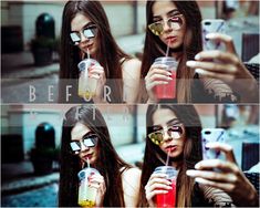 two beautiful young women holding up cell phones and drinking sodas while standing next to each other