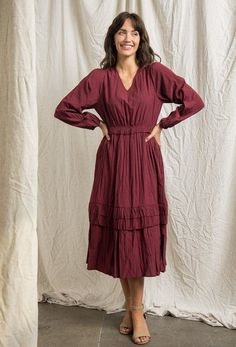 We can't wait for all of the beautiful colors of Fall...and this one is top of our list! Shop Holiday Modest Dress, Layering Over A Long Dress For Fall Family Oicgures, Womens Fall Dresses Wit H Tiered, Colors Of Fall, Rich Burgundy, Deep Burgundy, Burgundy And Gold, Tiered Maxi Dress, Long Puff Sleeves