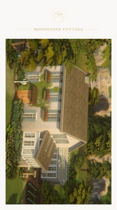 an aerial view of a house in the middle of some trees and bushes, with text that reads moontone cottage