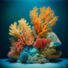 an underwater scene with corals and other marine life in blue water on a dark background