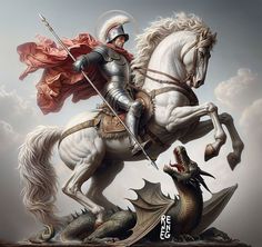 a man riding on the back of a white horse next to a dragon