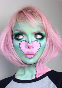 Pink Frankenstein, Halloween Hairstyles For Short Hair, Ishoku Hada, Hairstyles For Halloween, Short Hair 40, Glow Halloween, Halloween Hairstyles, Fun Hairstyles, Rose Face