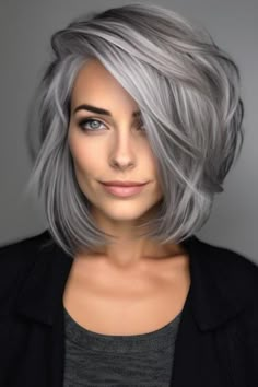 Silver Hair With Lowlights Gray, Hair Ideas For Gray Hair, Grey Hair Shades, Grey Hair Colour Ideas, Brown To Gray Balayage, Gray Hair Color Ideas For Brunettes, How To Blend Grey Hair With Dark Hair, Grey Roots Blending Dark Hair, How To Transition To Gray Hair