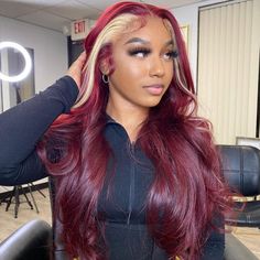 CurlyMe Burgundy Color Straight Hair With Blonde Skunk Stripe 13x4 Lace Front Wig Highlights Ombre Hair Blonde Skunk Stripe, Front Pieces, Skunk Stripe, Hair Colorful, Hacks Beauty, Wig Styling, Virgin Hair Wigs, Burgundy Hair, Colored Wigs