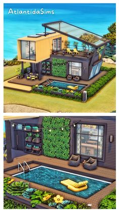 two different views of a house with plants growing on the roof and in the ground