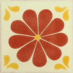 an orange and yellow flower design on a white tile floor with two birds flying over it