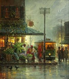 a painting of people walking down the street in the rain with an old trolley car