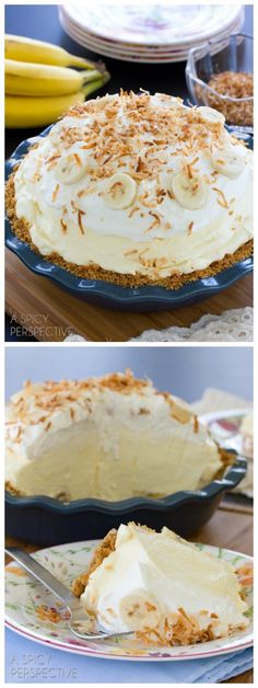 three different views of a pie with white frosting on top and bananas in the background