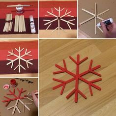 the process of making a snowflake out of popsicle sticks is shown here