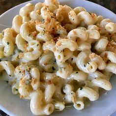 a white plate topped with macaroni and cheese