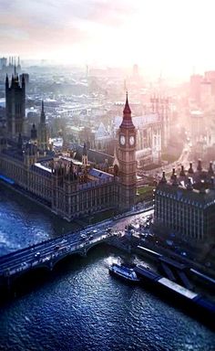 an aerial view of big ben and the river thames in london, england on a foggy day