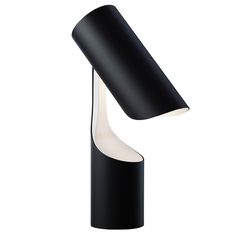 a black table lamp with a white light on the top and bottom part of it