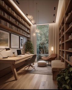 a home office with bookshelves, desk and chair