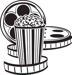 a black and white drawing of a popcorn bucket on a film strip with the lid open