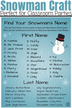 snowman craft perfect for classroom parties find your snowman's name first name