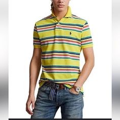 From Polo Ralph Lauren, This Shirt Features: Ribbed Polo Collar Two-Button Placket Short Sleeves With Ribbed Armbands Pullover Styling Tennis Tail Cotton Machine Wash; Tumble Dry Imported. Yellow Polo Collar Shirt For Summer, Fitted Yellow Polo Shirt For Summer, Yellow Short Sleeve Polo Shirt For Spring, Yellow Polo Collar Top For Spring, Fitted Yellow Polo Shirt For Spring, Polo Shirt Colors, Mesh Short, Mesh Shorts