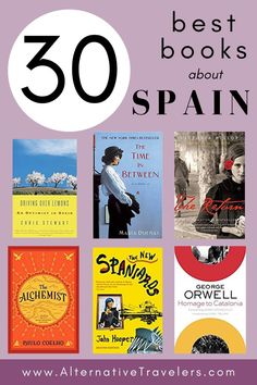 the top 50 best books about spain in spanish and english, with text overlaying it