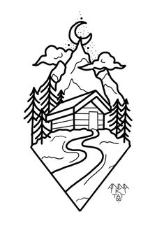 a black and white drawing of a cabin in the woods with mountains, trees and a road