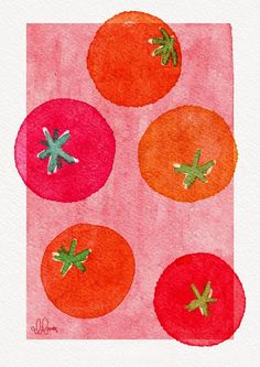 watercolor painting of tomatoes on pink paper