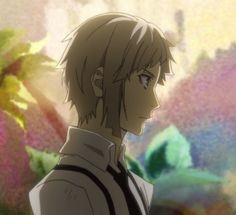 an anime character standing in front of flowers and looking off to the side with his eyes closed