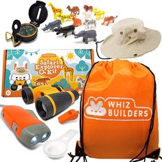 an orange bag filled with toys and other items