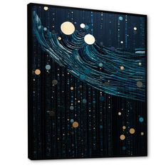 an abstract painting with circles and dots on black canvas wall art print, stretched to the wall