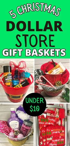 text reads, "5 cheap dollar store gift baskets under $10", collage of dollar store gifts Dollar Store Gift Baskets, Cheap Christmas Gift Baskets, Cheap Diy Gift, Christmas Budget Ideas, Cheap Christmas Gift, Diy Gifts Cheap