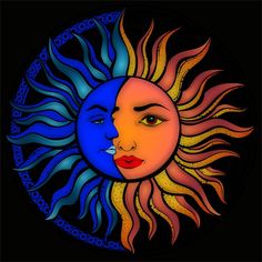 the sun and moon are painted in bright colors