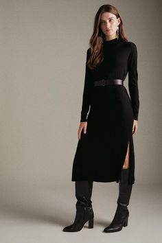 Cashmere Blend Funnel Neck Belted Dress Knitted Dress With Belt, Classic Sweater Dress For Work, Fall Workwear Midi Dress With Side Slits, Sleek Midi Dress With Side Slits For Work, Turtleneck Midi Dress For Workwear, Sleek High Neck Midi Dress For Work, Sleek Turtleneck Workwear Dresses, Elegant Turtleneck Midi Dress For Work, Midi Length Sweater Dress For Work